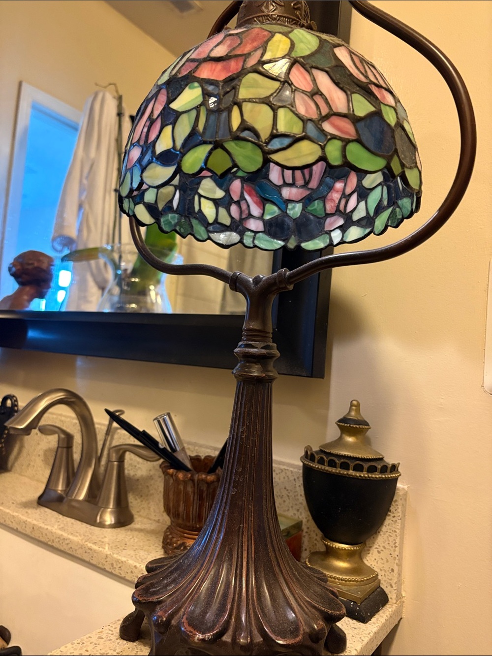 Mosaic Stained Glass Lamp with Pink, Green & Blue Shade